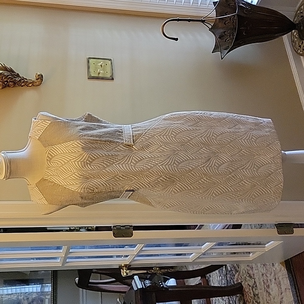 Ellen Tracy tan white textured contrasting print sleeveless dress fitted 10 EUC…